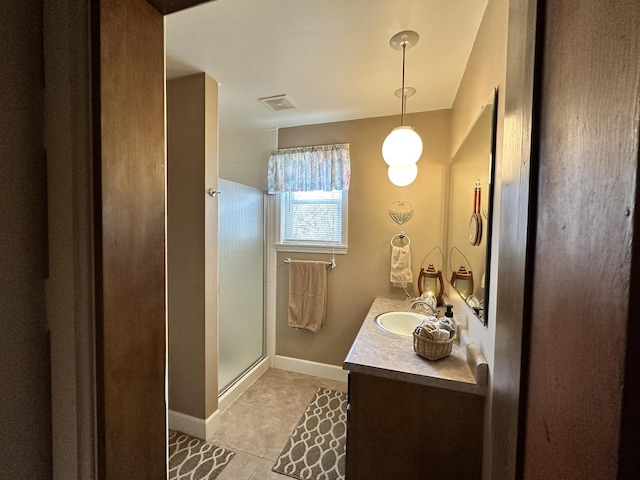 full bath with visible vents, baseboards, tile patterned flooring, vanity, and a shower stall