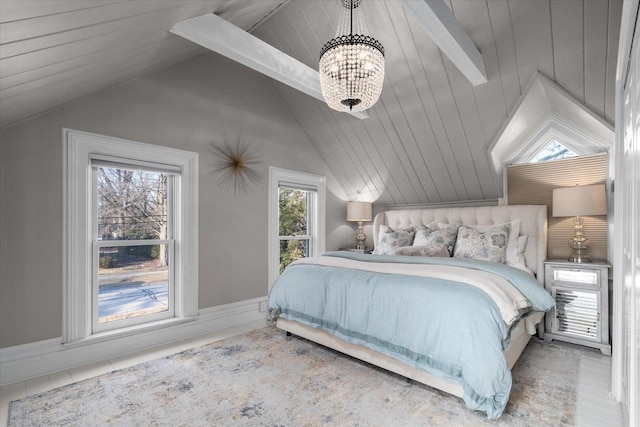 bedroom with a chandelier, lofted ceiling, and wooden ceiling