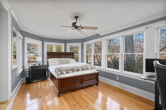 bedroom with light wood-style floors, wooden ceiling, crown molding, and baseboards