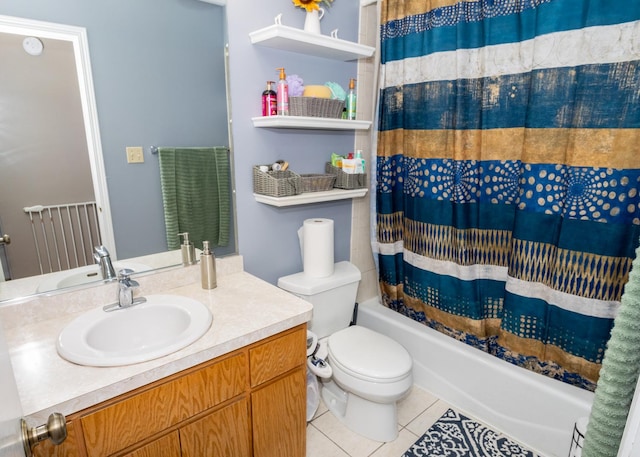 full bathroom with toilet, tile patterned flooring, shower / tub combo with curtain, and vanity