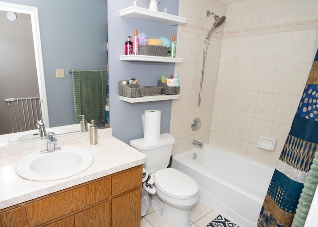 full bath with toilet, tile patterned flooring, shower / bath combination with curtain, and vanity