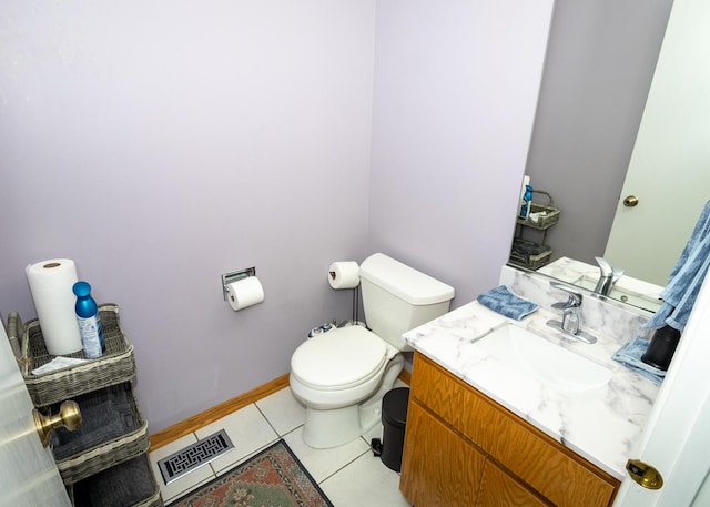 half bath featuring visible vents, toilet, vanity, baseboards, and tile patterned floors