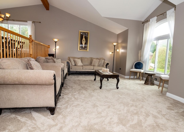 carpeted living room featuring lofted ceiling with beams, baseboards, and an inviting chandelier