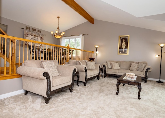 living area featuring light carpet, baseboards, a notable chandelier, and vaulted ceiling with beams