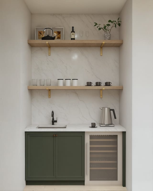 bar with wine cooler, backsplash, a sink, and wet bar