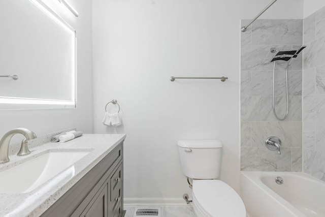 bathroom with shower / bathtub combination, visible vents, toilet, vanity, and baseboards