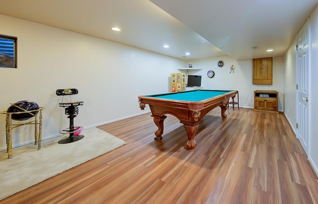 playroom with light wood-type flooring, pool table, baseboards, and recessed lighting