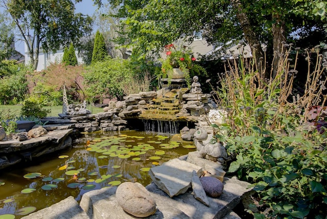 exterior space with a small pond