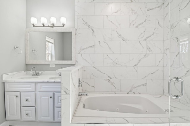 full bath featuring a combined bath / shower with jetted tub, a sink, and double vanity