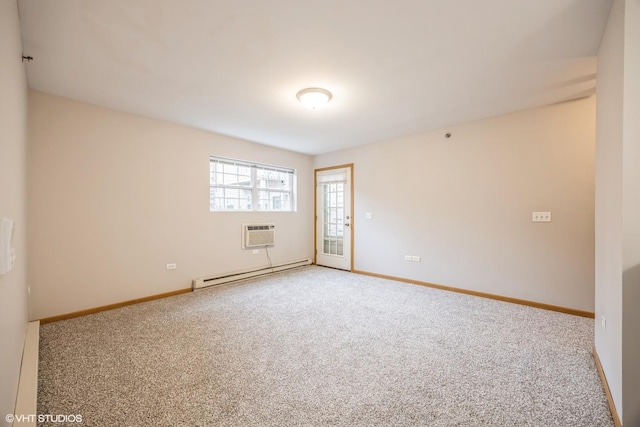 carpeted spare room with a baseboard radiator, baseboards, a baseboard heating unit, and a wall mounted air conditioner