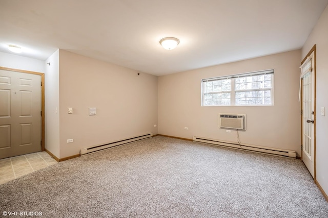 unfurnished room featuring baseboards, light colored carpet, a baseboard radiator, baseboard heating, and an AC wall unit