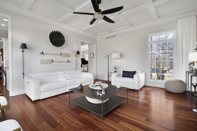 living room with coffered ceiling, wood finished floors, visible vents, baseboards, and beamed ceiling