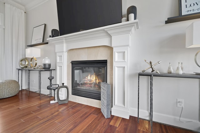 interior details featuring wood finished floors and a tile fireplace