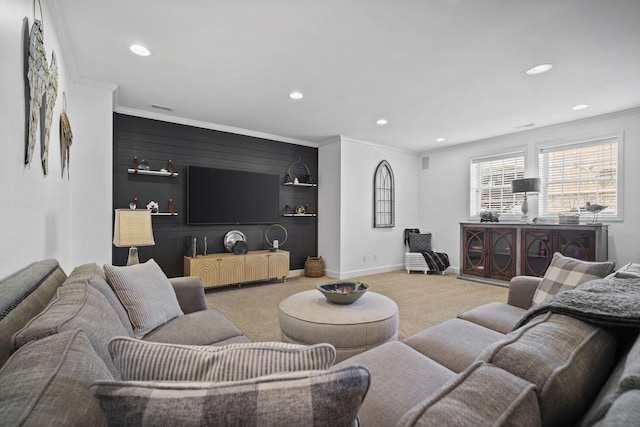 living room with crown molding, recessed lighting, light colored carpet, visible vents, and baseboards