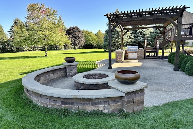 view of home's community featuring a fire pit, a patio, area for grilling, a yard, and a pergola