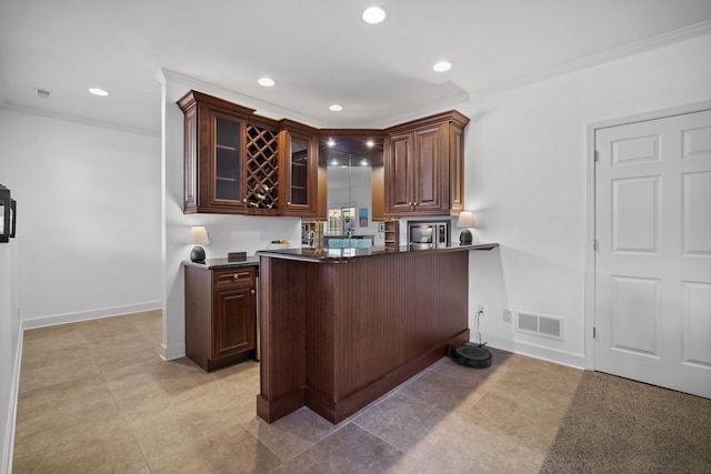 bar featuring recessed lighting, visible vents, and ornamental molding