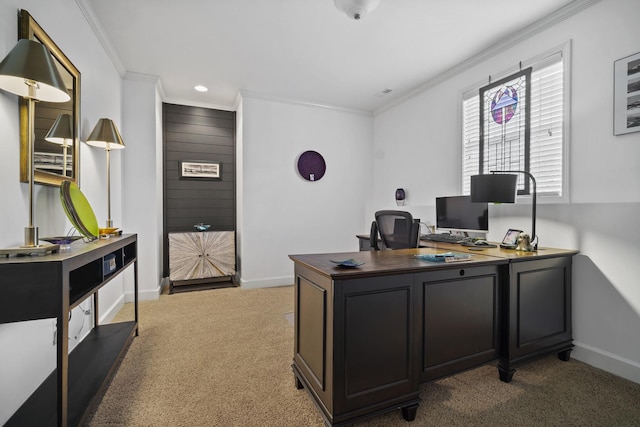 home office featuring carpet, ornamental molding, baseboards, and recessed lighting