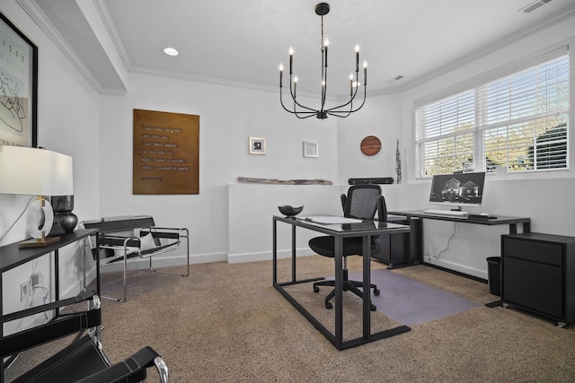 office area with visible vents, baseboards, an inviting chandelier, crown molding, and carpet flooring