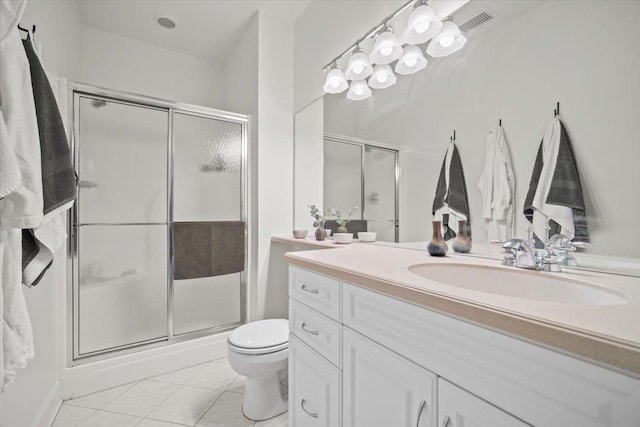 bathroom featuring visible vents, toilet, tile patterned flooring, vanity, and a shower stall