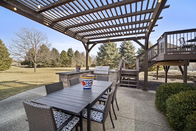 view of patio featuring outdoor dining space, a wooden deck, area for grilling, and a pergola