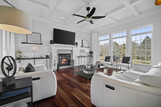 living room featuring coffered ceiling, a tiled fireplace, ceiling fan, wood finished floors, and beam ceiling