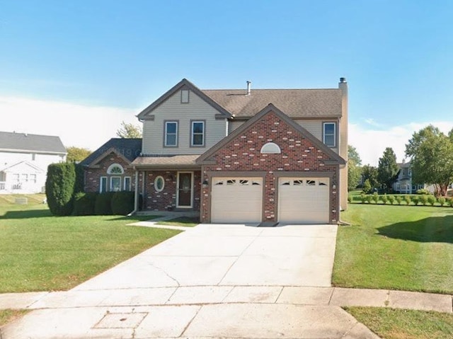 traditional home with a garage, brick siding, concrete driveway, and a front yard