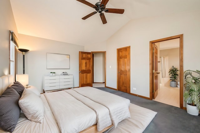 bedroom with baseboards, ensuite bath, ceiling fan, vaulted ceiling, and carpet flooring