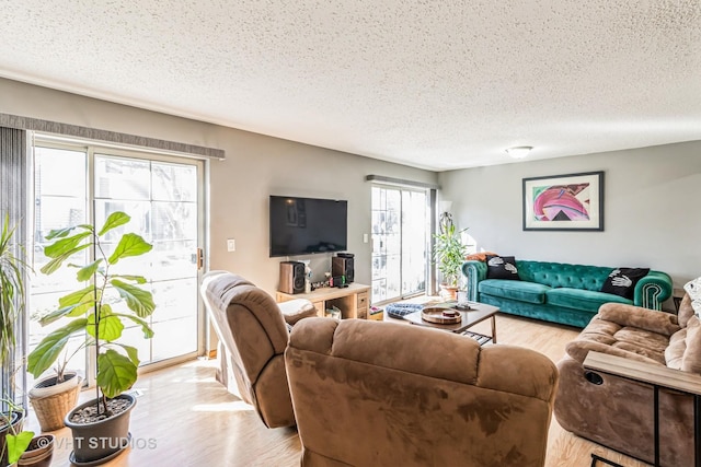 living room featuring a textured ceiling and light wood-style flooring