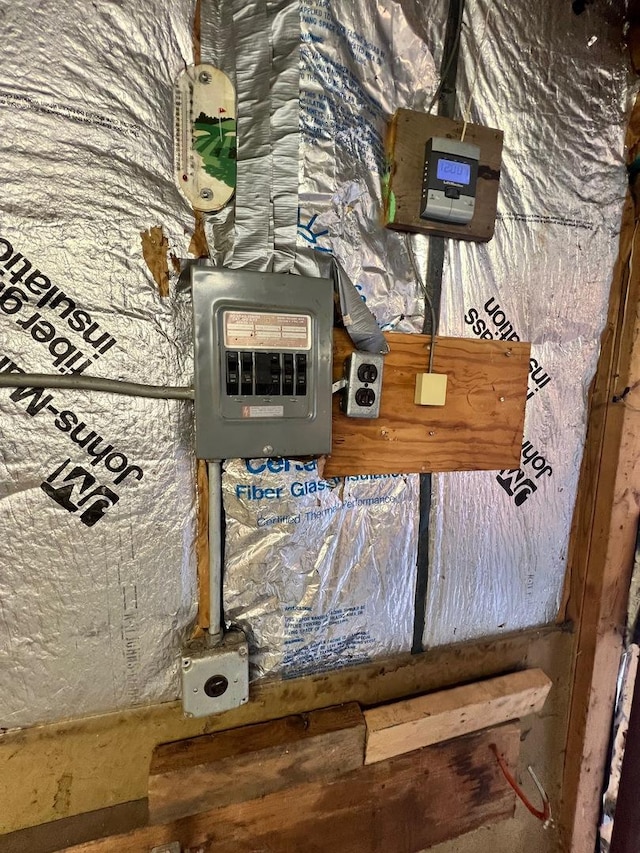 interior details with a wood stove and electric panel