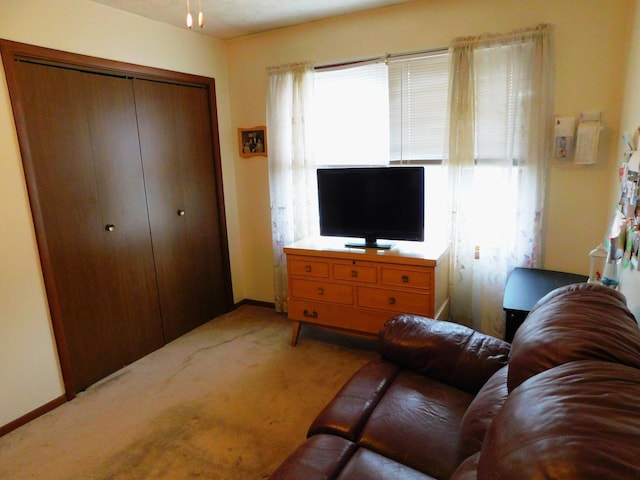 living room featuring baseboards and light colored carpet