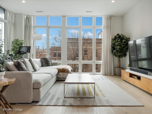 living room featuring a wall of windows, a wealth of natural light, and wood finished floors