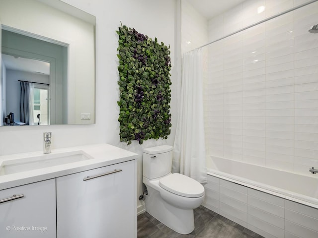 full bath with vanity, toilet, and shower / bathtub combination with curtain