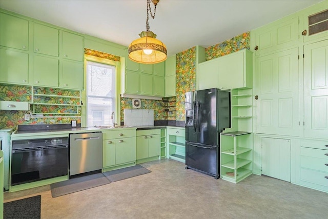 kitchen featuring wall oven, a sink, black fridge with ice dispenser, dishwasher, and green cabinetry