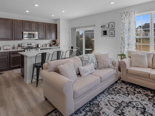 living room featuring light wood-style floors and recessed lighting