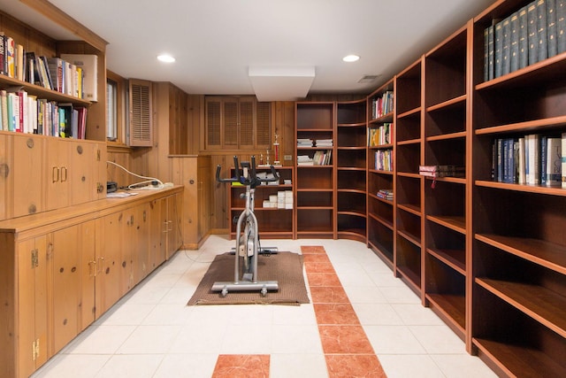 workout room featuring light tile patterned floors, visible vents, and recessed lighting