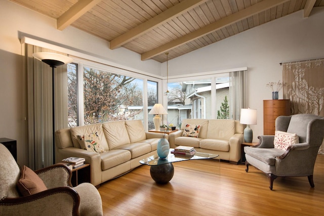 living area featuring vaulted ceiling with beams, wood finished floors, and wood ceiling