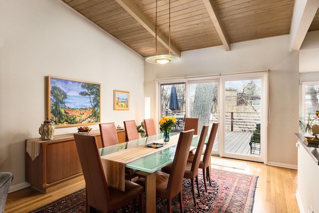 dining room with wooden ceiling, baseboards, lofted ceiling with beams, and light wood finished floors