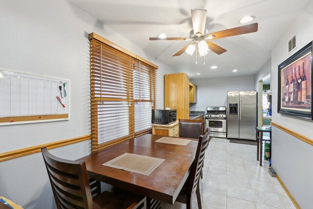 5326 S Nagle Ave, Chicago, IL 60638 - dining space with light tile patterned floors, visible vents, baseboards, ceiling fan, and recessed lighting