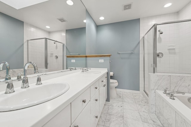 bathroom with visible vents, baseboards, marble finish floor, a shower stall, and a sink