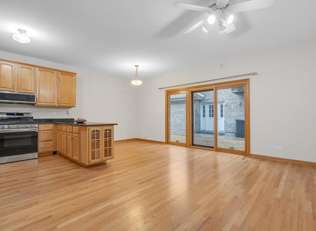 kitchen featuring light wood-style flooring, baseboards, appliances with stainless steel finishes, dark countertops, and glass insert cabinets