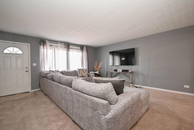 living room featuring baseboards and light colored carpet