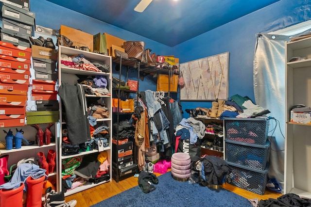 storage area featuring ceiling fan