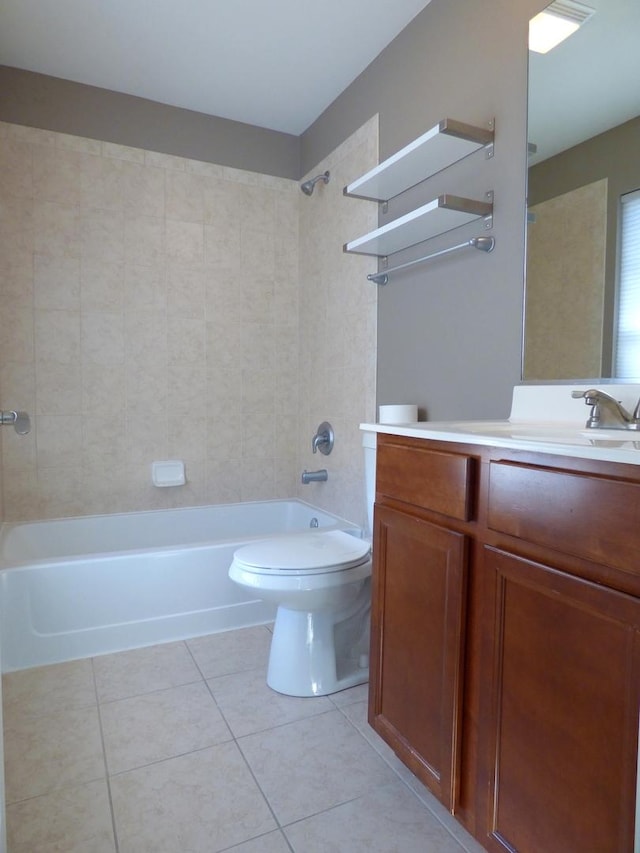 bathroom with toilet, shower / tub combination, vanity, and tile patterned floors