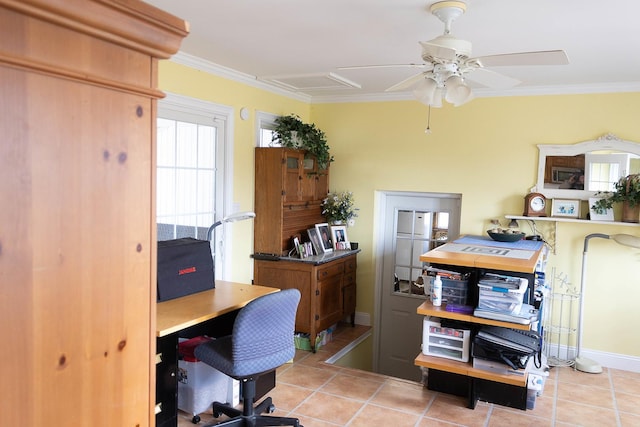 tiled home office with ornamental molding, baseboards, and a ceiling fan