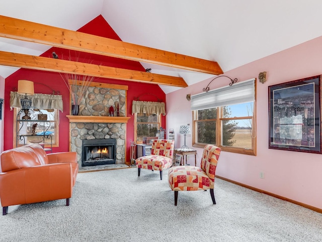 carpeted living room with vaulted ceiling with beams, baseboards, and a stone fireplace