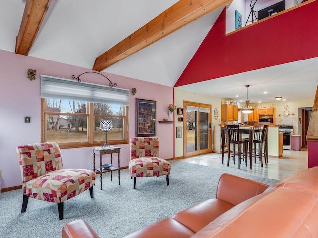 living room with baseboards, high vaulted ceiling, beamed ceiling, and light colored carpet