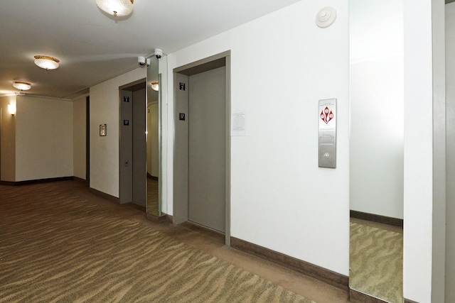 corridor with baseboards, carpet, and elevator