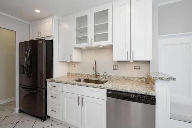 kitchen featuring a sink, white cabinetry, dishwasher, and black fridge with ice dispenser