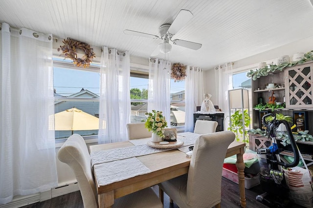 dining area with a ceiling fan and wood finished floors