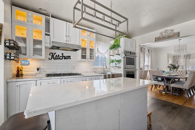 kitchen with under cabinet range hood, a sink, white cabinets, appliances with stainless steel finishes, and tasteful backsplash